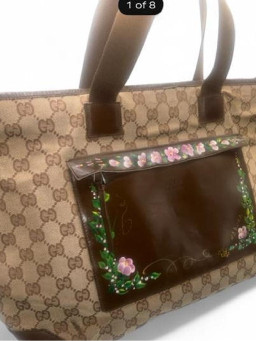 Gucci Beige Brown GG Canvas Tote with Hand-Painted Floral Pocket
